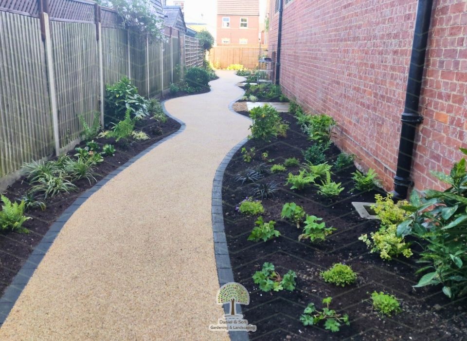 revamp the rear path and garden with new plants and flowers